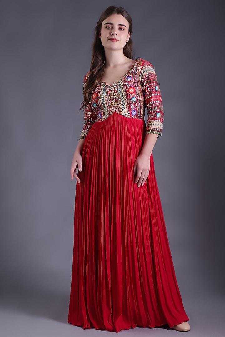 Red Georgette Machine Embroidered Wedding Anarkali Set by House Of Tushaom at Pernia's Pop Up Shop