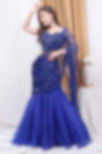 Electric Blue Net & Organza Hand Embroidered Draped Saree Set by House of Tushaom