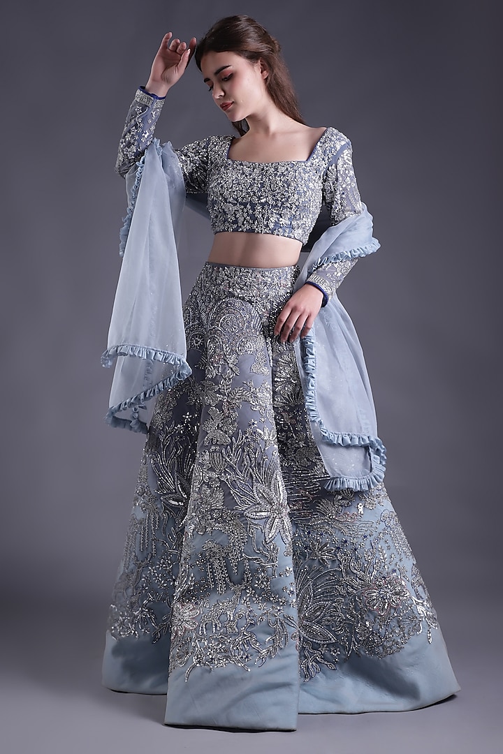 Blue Ombre Chanderi & Satin Organza Sequins Embellished Lehenga Set by House of Tushaom