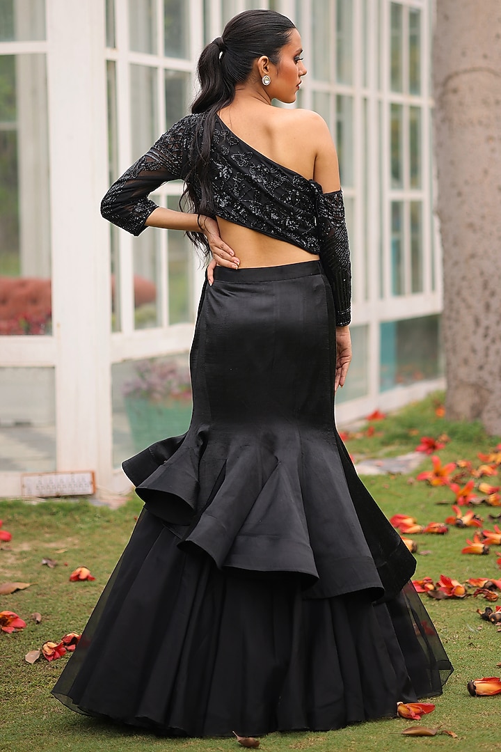 Black Mushroom Satin & Organza Skirt Set by House Of Tushaom at Pernia's Pop Up Shop
