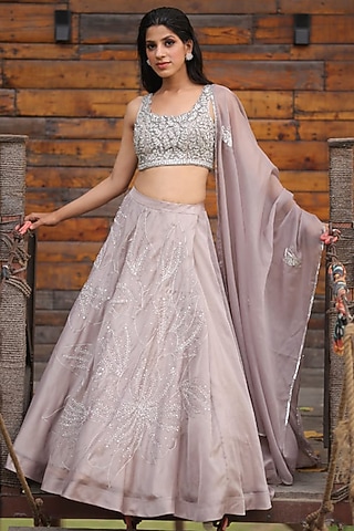 Smoke Grey Satin Organza Embroidered Lehenga Set by House Of Tushaom
