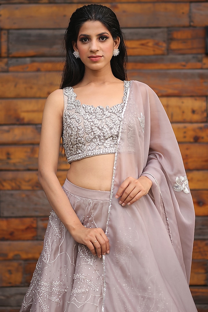 Smoke Grey Satin Organza Embroidered Wedding Lehenga Set by House Of Tushaom at Pernia's Pop Up Shop