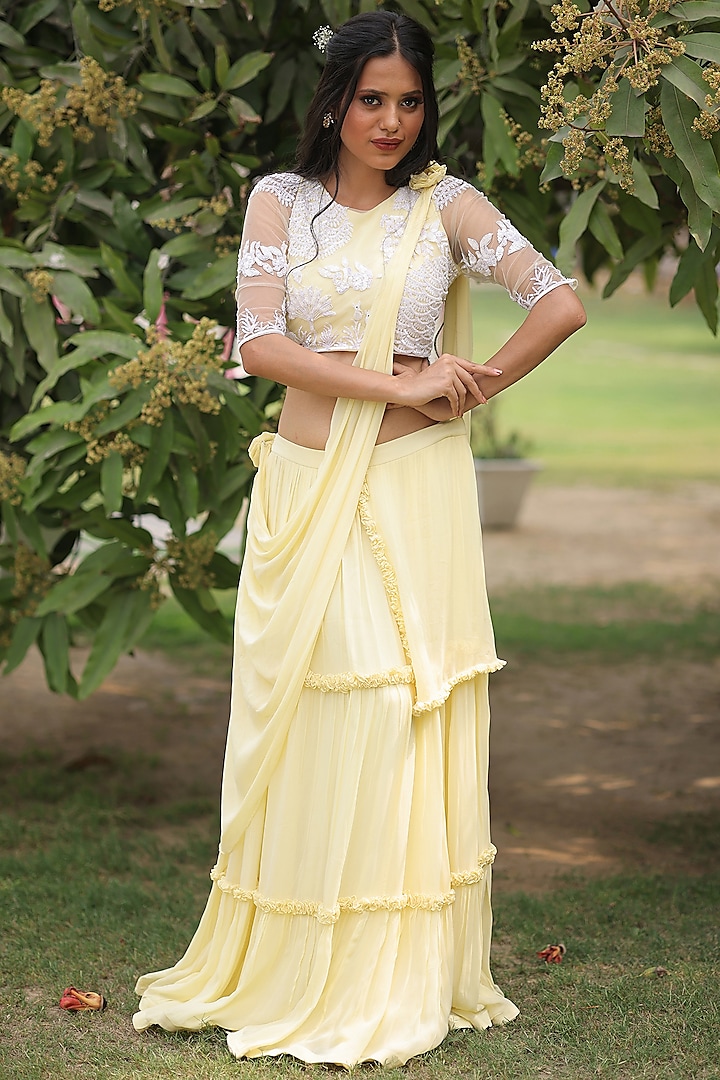 Lemon Sorbet Georgette Lehenga Set by House Of Tushaom