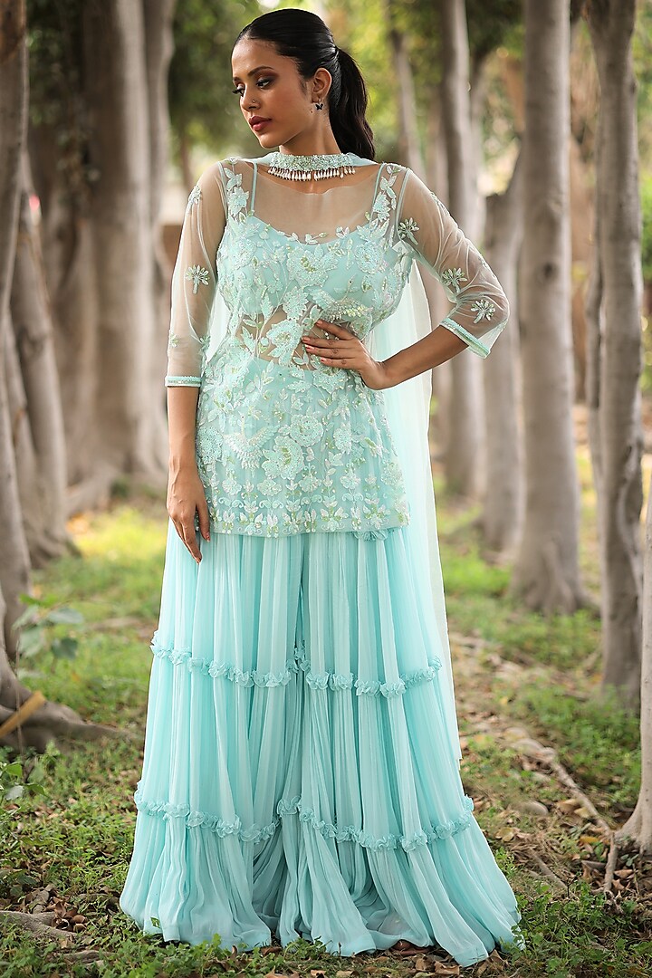 Ice Blue Georgette Sharara Set by House Of Tushaom