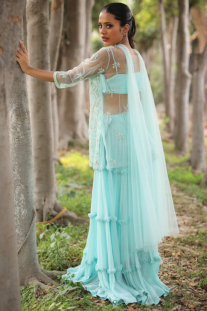 Ice Blue Georgette Wedding Sharara Set by House Of Tushaom at Pernia's Pop Up Shop