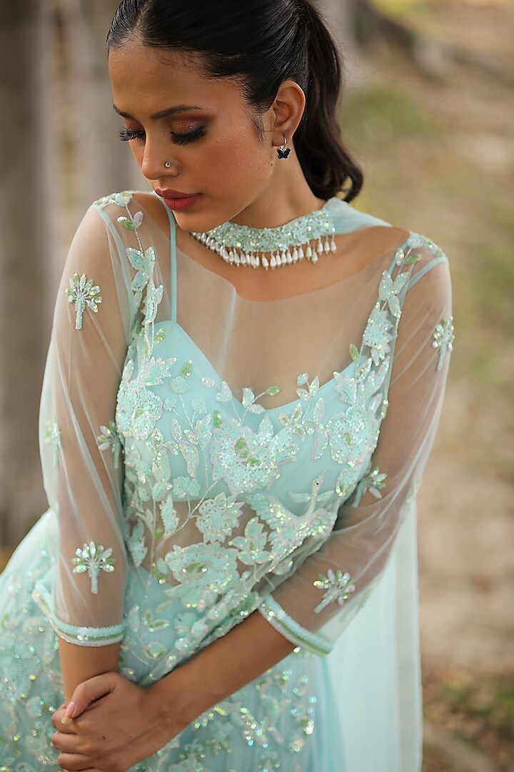 Ice Blue Georgette Wedding Sharara Set by House Of Tushaom at Pernia's Pop Up Shop