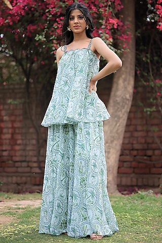 Jade Green Georgette Printed Sharara Set by House Of Tushaom