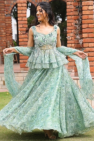 Jade Green Organza Printed Lehenga Set by House Of Tushaom