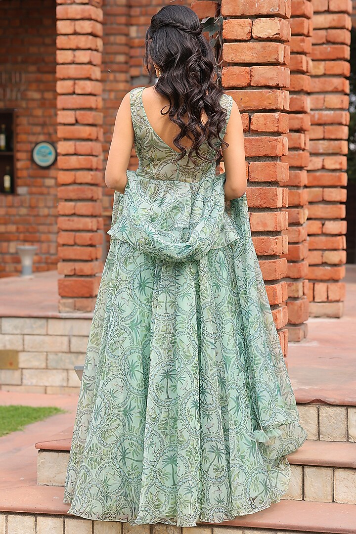 Jade Green Organza Printed Wedding Lehenga Set by House Of Tushaom at Pernia's Pop Up Shop