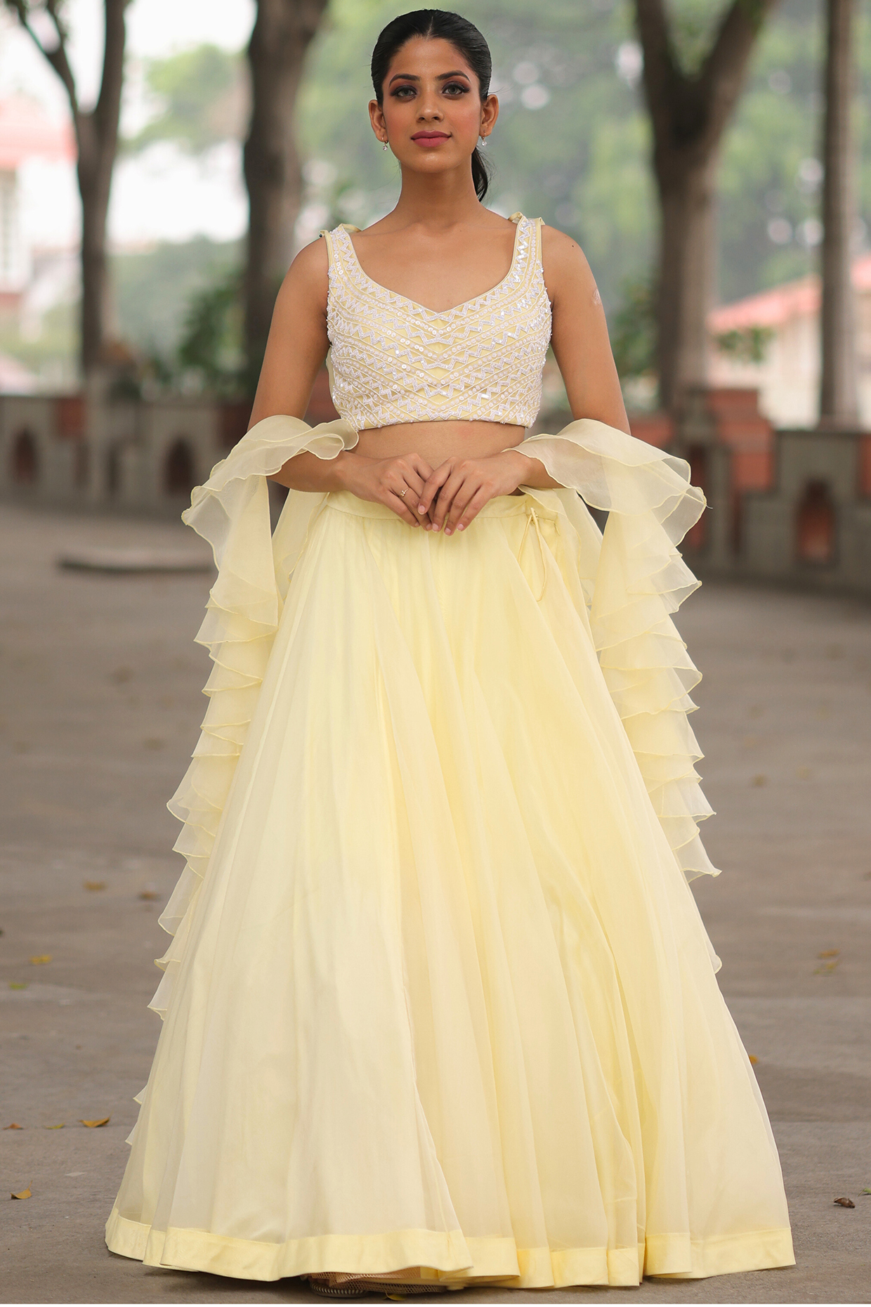 Lemon Sorbet Organza & Net Lehenga Set by House Of Tushaom