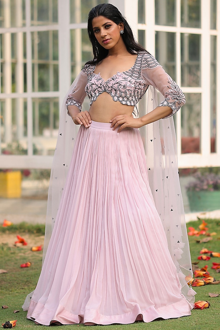 Peony Pink Georgette Embroidered Lehenga Set by House Of Tushaom