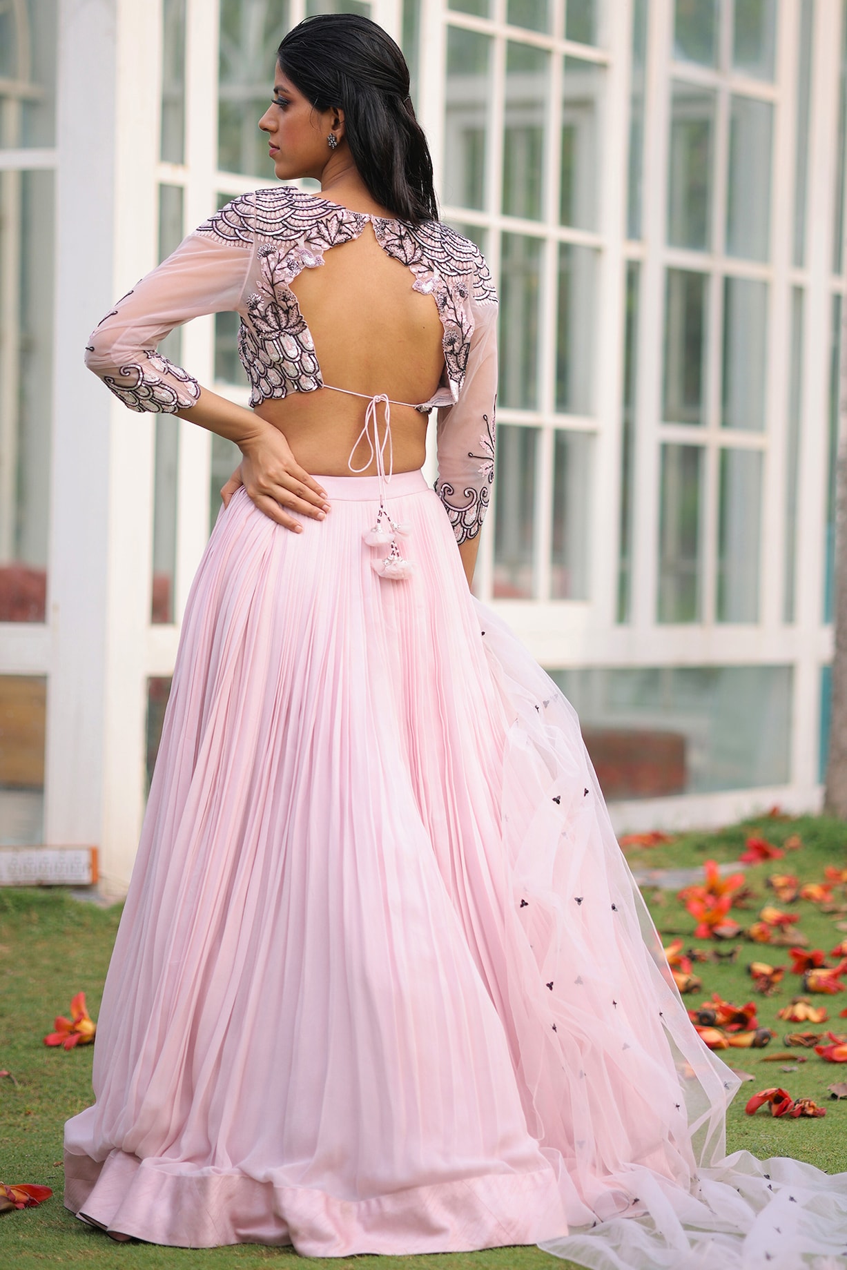 Babyhug Sleeveless Brocade Top & Sequined Georgette Lehenga with Lace Border Dupatta - Hot Pink main image 1