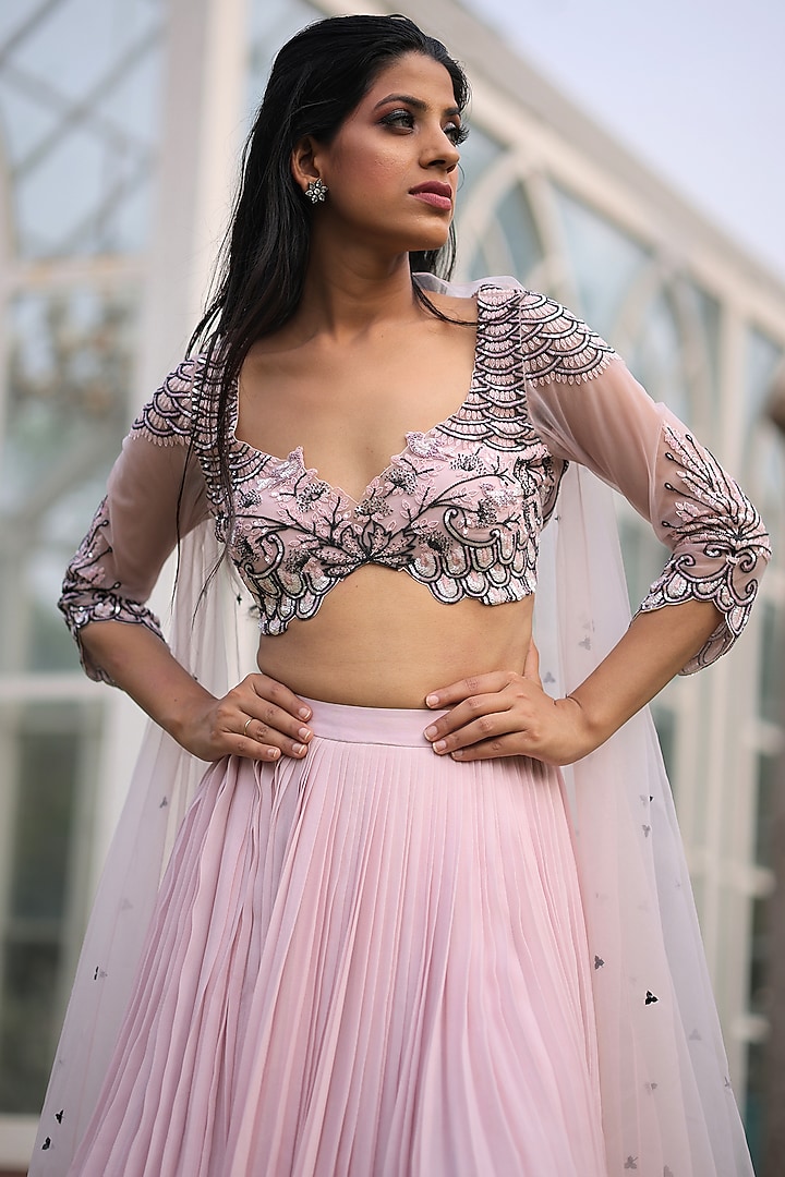 Peony Pink Georgette Embroidered Wedding Lehenga Set by House Of Tushaom at Pernia's Pop Up Shop