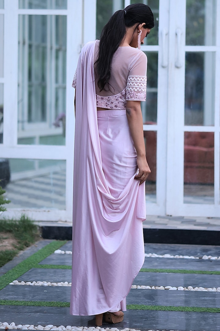 Peony Pink Lycra Draped Wedding Saree Set by House Of Tushaom at Pernia's Pop Up Shop