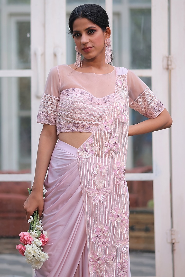 Peony Pink Lycra Draped Wedding Saree Set by House Of Tushaom at Pernia's Pop Up Shop