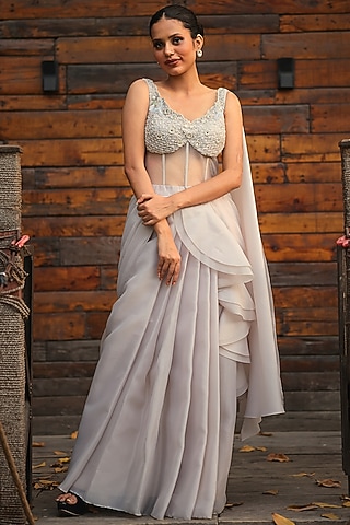 Smoke Grey Satin Organza Embroidered Draped Gown by House Of Tushaom
