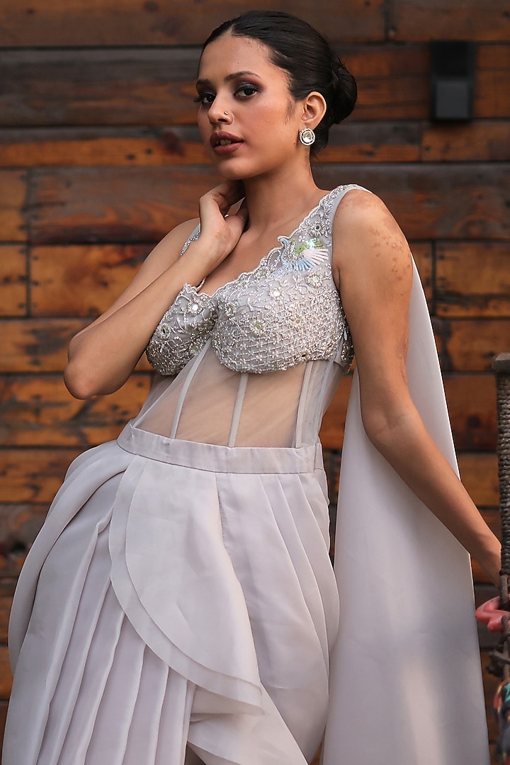 Smoke Grey Satin Organza Embroidered Draped Engagement Gown by House Of Tushaom at Pernia's Pop Up Shop