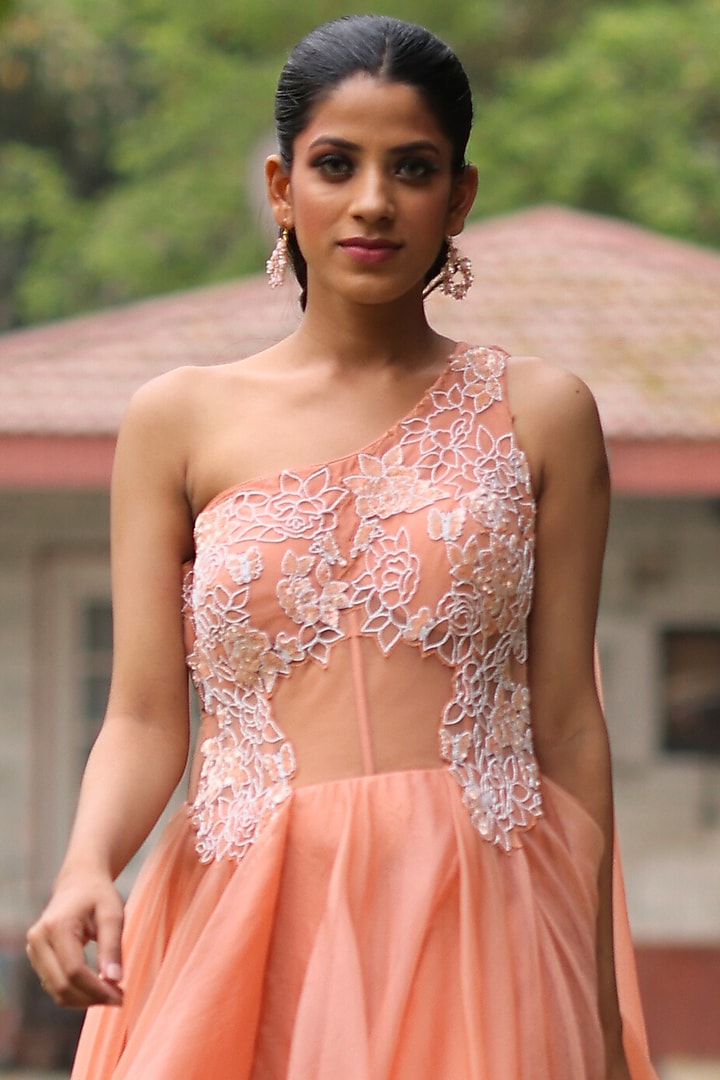 Peach Organza Embroidered Party Wear Gown by House Of Tushaom at Pernia's Pop Up Shop