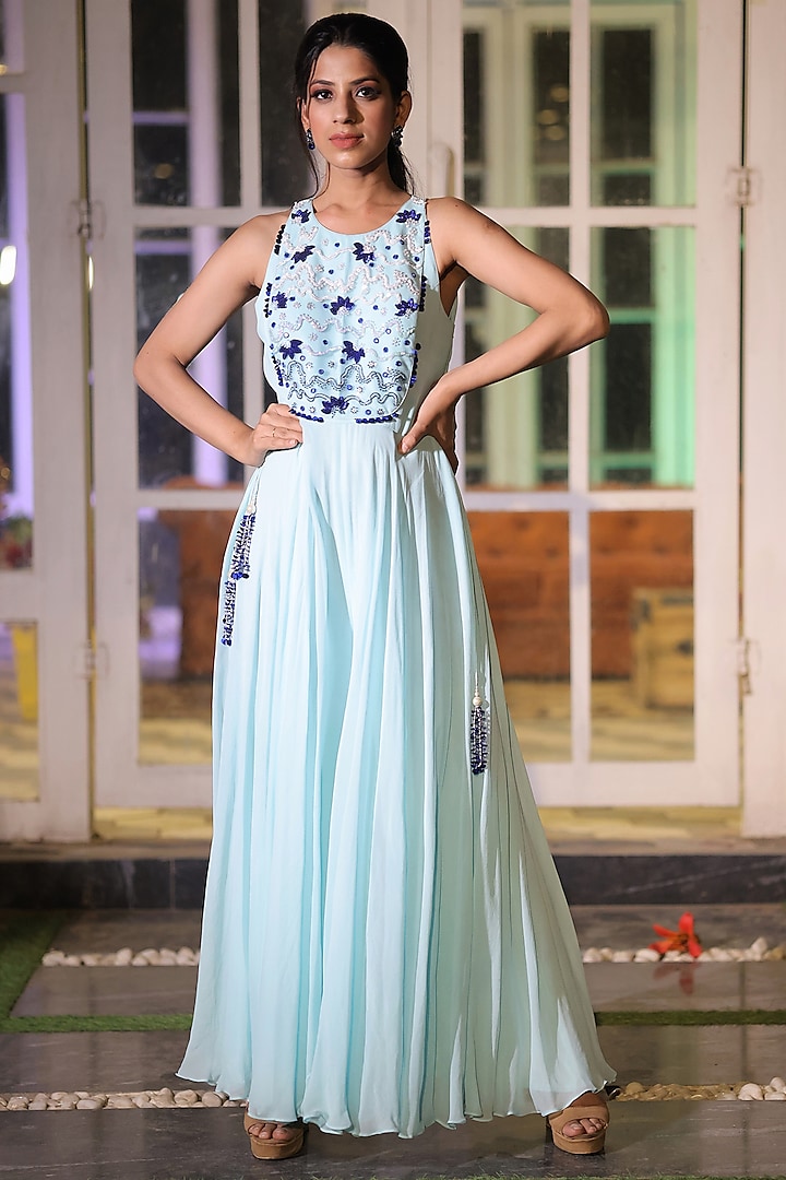 Ice Blue Georgette Embroidered Jumpsuit by House Of Tushaom