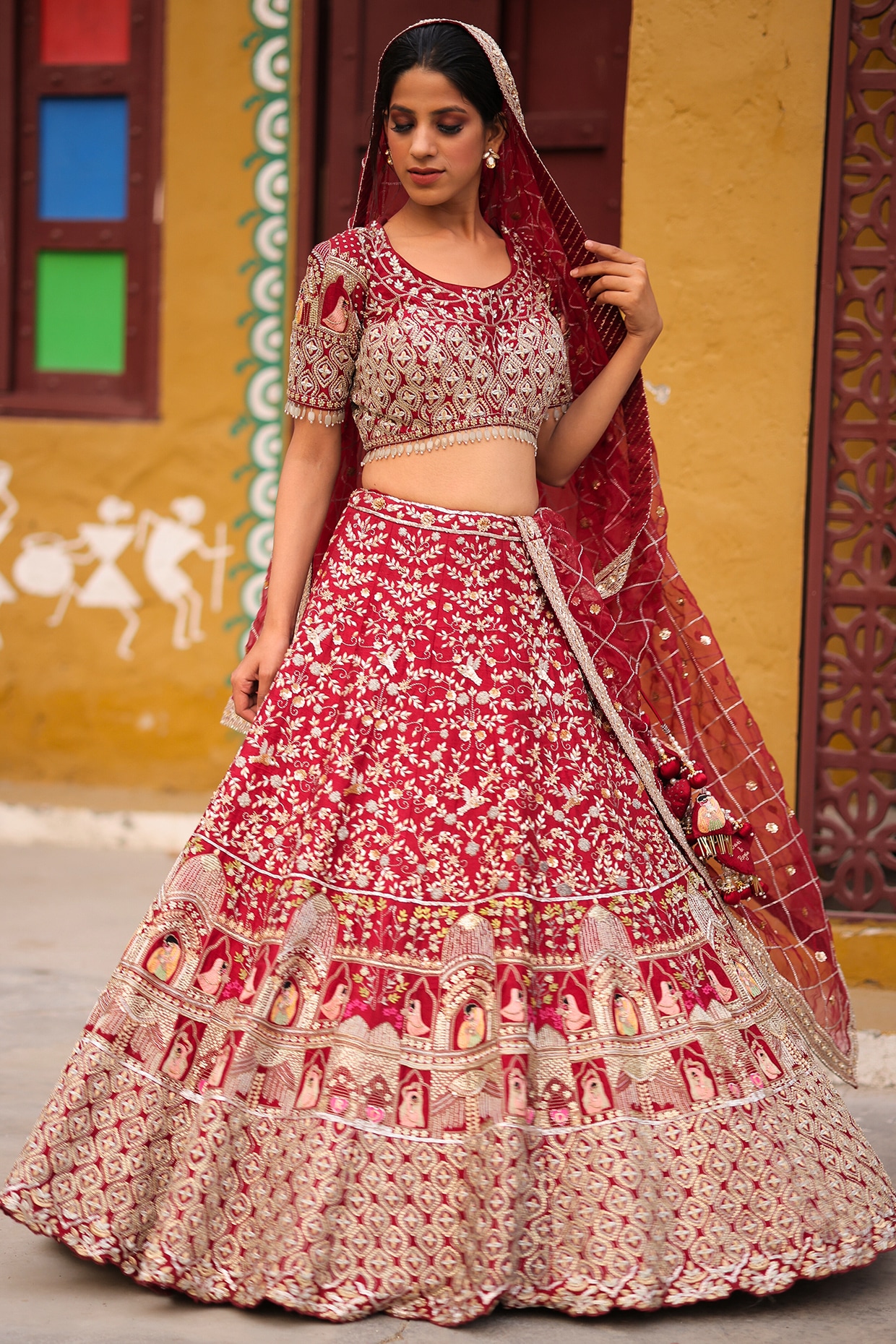 Buy Red Lehenga Set In Silk With Mirror Work KALKI Fashion India