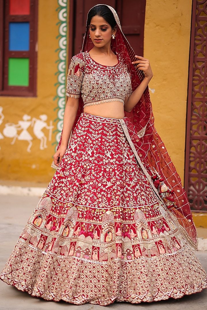 Red Raw Silk Hand Embroidered Lehenga Set by House Of Tushaom