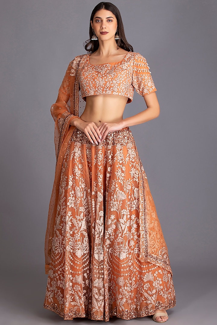 Rust Orange Hand Embroidered Kalidar Lehenga Set by House of Tushaom