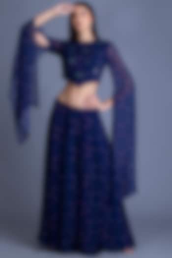 Navy Blue Embroidered Skirt Set by House of Tushaom