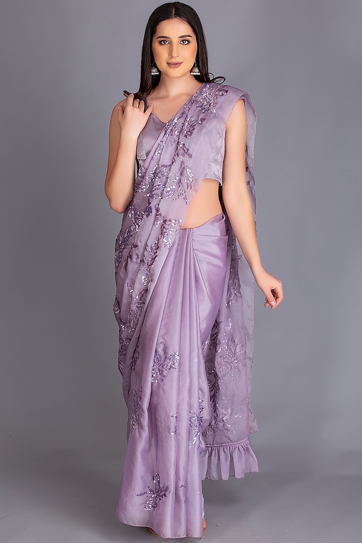 Lilac Embroidered Ruffled Saree Set Design by House of Tushaom at ...