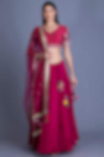 Hot Pink Embroidered Crinkled Lehenga Set by House of Tushaom