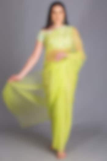 Neon Green Silk Organza Saree Set by House of Tushaom