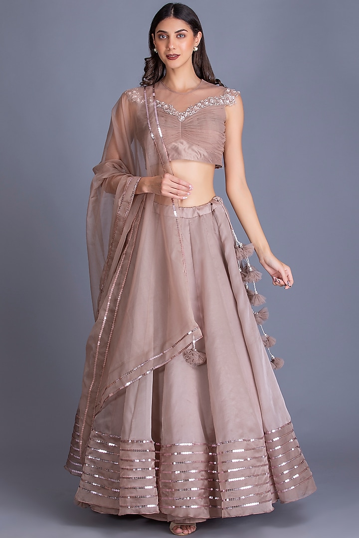 Champagne Gold Hand Embroidered Ruched Lehenga Set by House of Tushaom