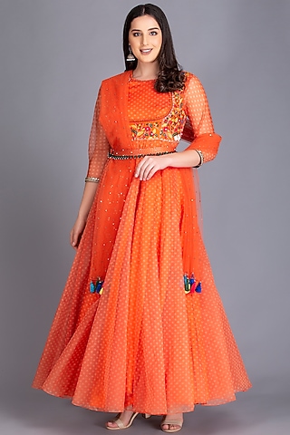 Sunset Orange Resham Embroidered Anarkali Set by House of Tushaom