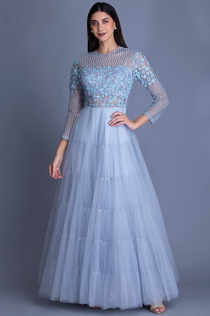 Powder Blue 3D Floral Embroidered Gown by House of Tushaom