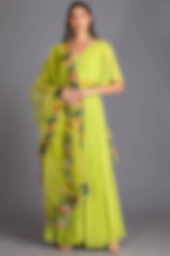 Neon Green Applique Work Embroidered Anarkali by House of Tushaom