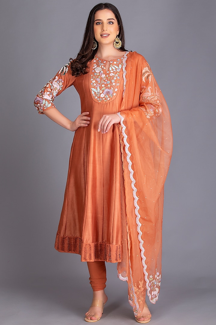 Rust Orange Sequins Embroidered Anarkali Set by House of Tushaom
