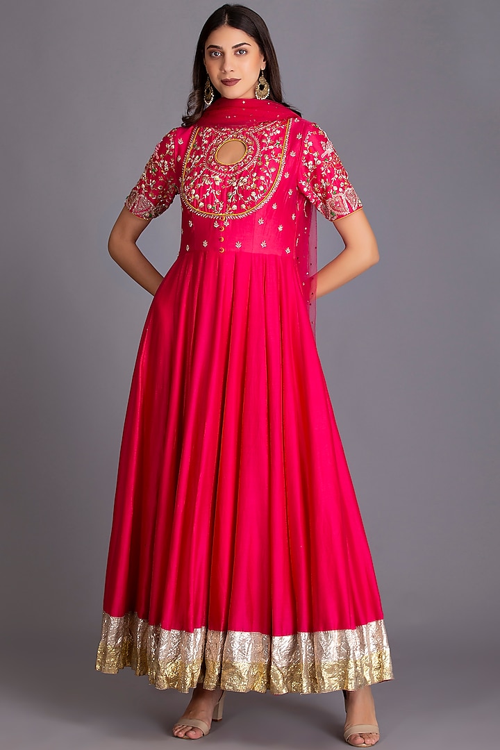 Hot Pink Dabka Embroidered Anarkali Set by House of Tushaom