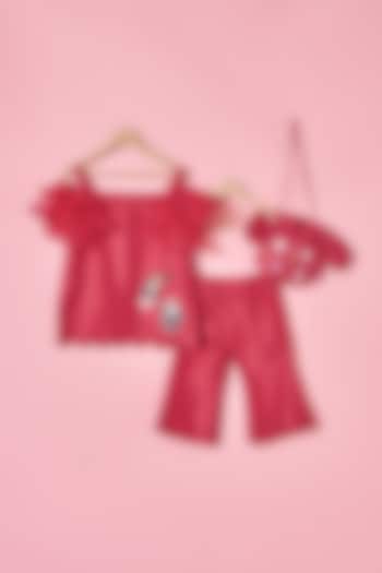 Red Chanderi Silk Birds Hand Embroidered Kurta Set For Girls by House of Tushaom - Kids