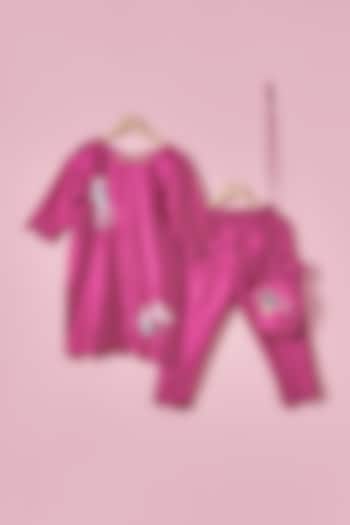 Pink Chanderi Silk Flamingo Hand Embroidered Kurta Set For Girls by House of Tushaom - Kids