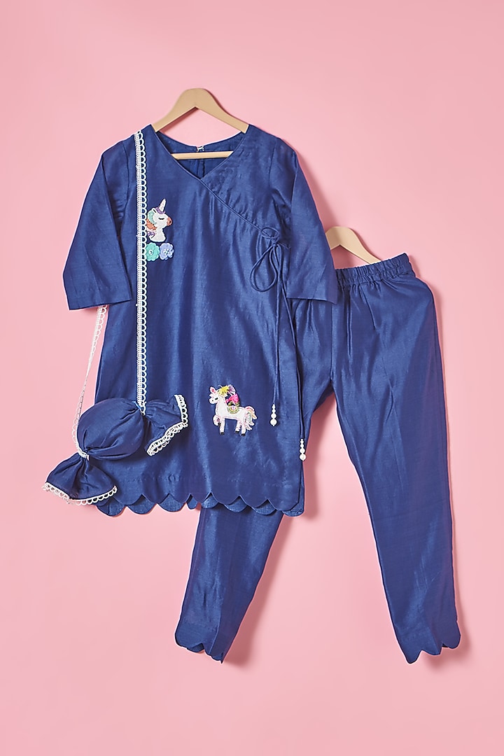 Cobalt Blue Chanderi Silk Unicorn Hand Embroidered Kurta Set For Girls by House of Tushaom - Kids