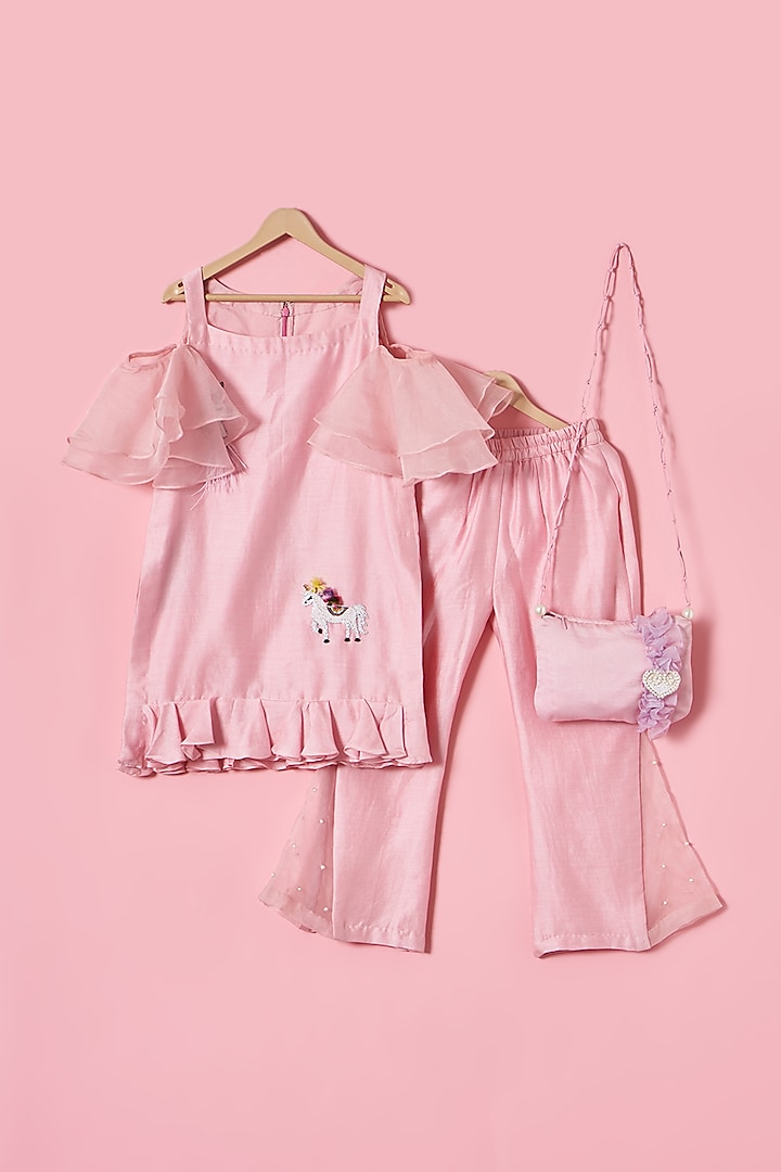 Baby Pink Chanderi Silk Unicorn Hand Embroidered Kurta Set For Girls by House of Tushaom - Kids