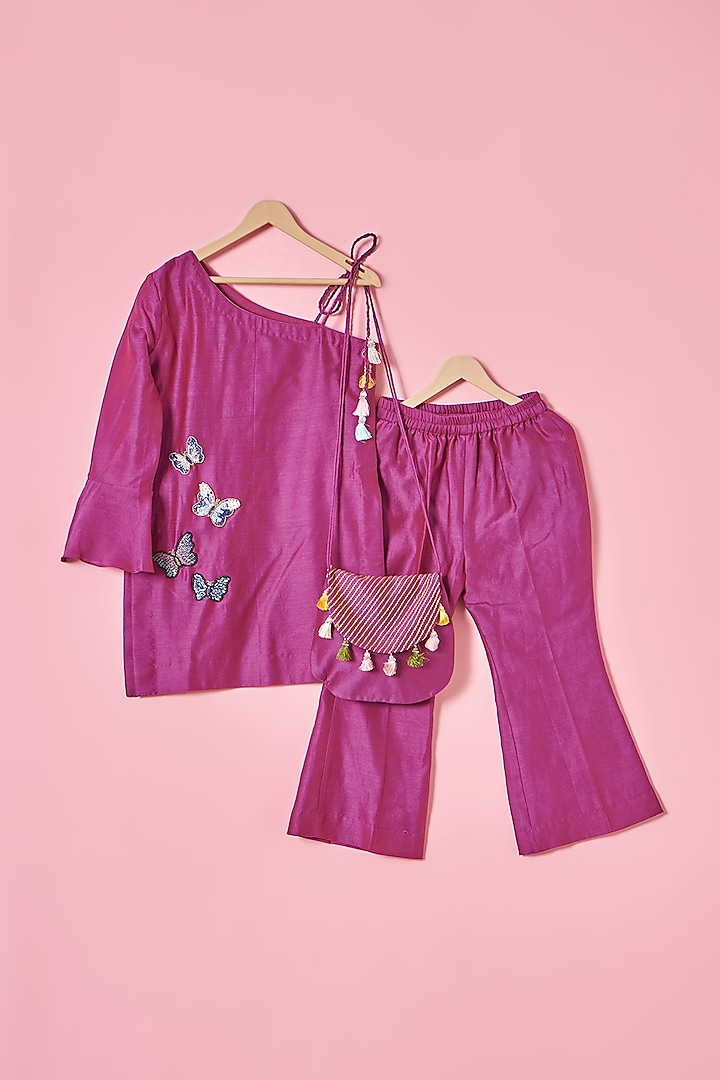 Magenta Pink Chanderi Silk Butterfly Hand Embroidered Kurta Set For Girls by House of Tushaom - Kids