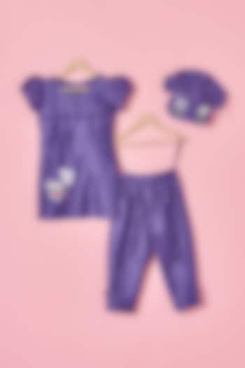 Purple Chanderi Silk Bunny Motif Hand Embroidered Kurta Set For Girls by House of Tushaom - Kids