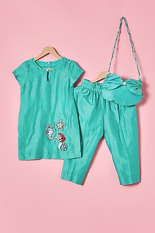 Turquoise Chanderi Silk Mermaid Hand Embroidered Kurta Set For Girls by House of Tushaom - Kids