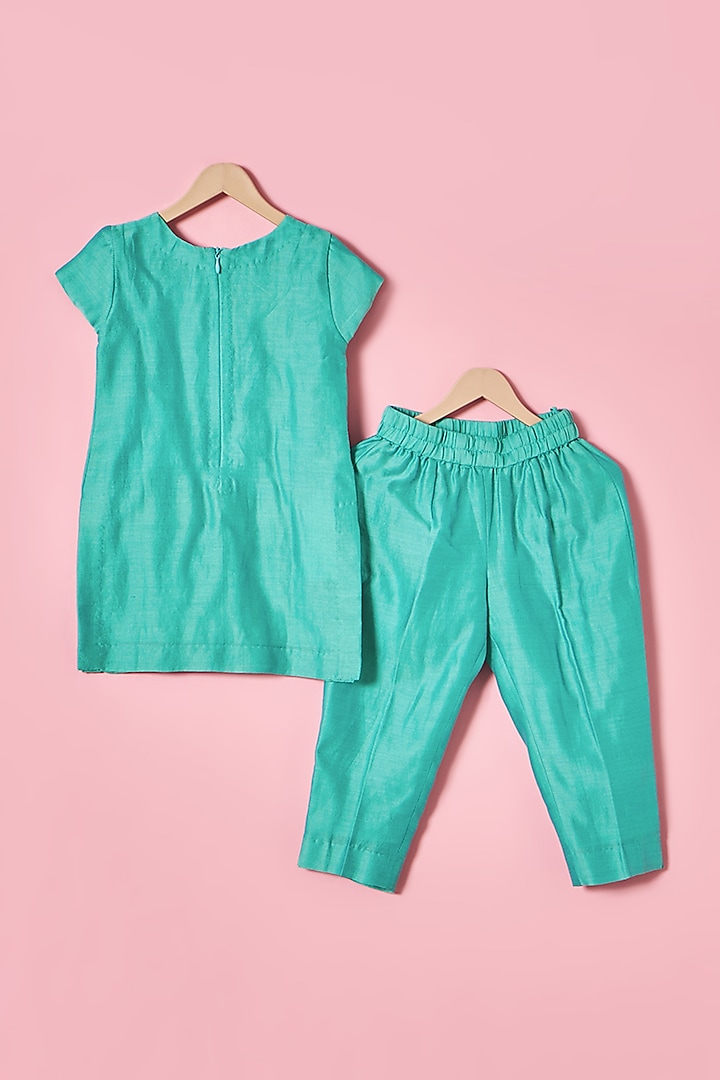 Turquoise Chanderi Silk Mermaid Hand Embroidered Kurta Set For Girls by House of Tushaom - Kids at Pernia's Pop Up Shop