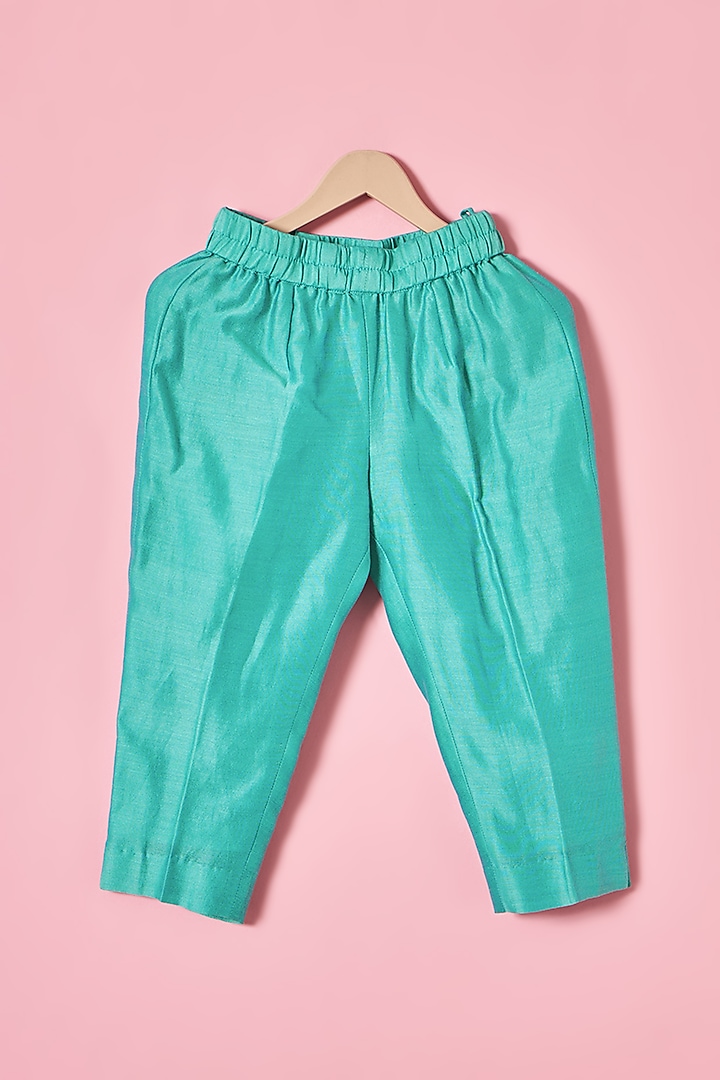 Turquoise Chanderi Silk Mermaid Hand Embroidered Kurta Set For Girls by House of Tushaom - Kids at Pernia's Pop Up Shop