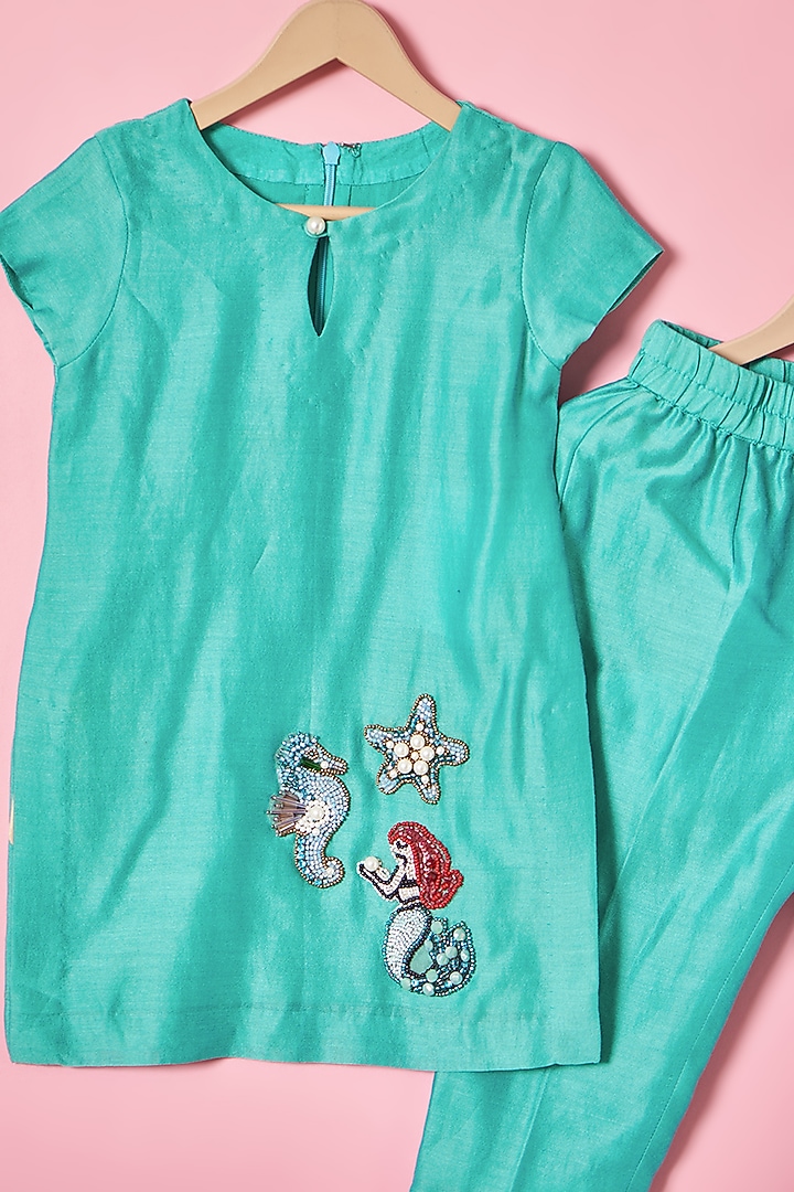 Turquoise Chanderi Silk Mermaid Hand Embroidered Kurta Set For Girls by House of Tushaom - Kids at Pernia's Pop Up Shop