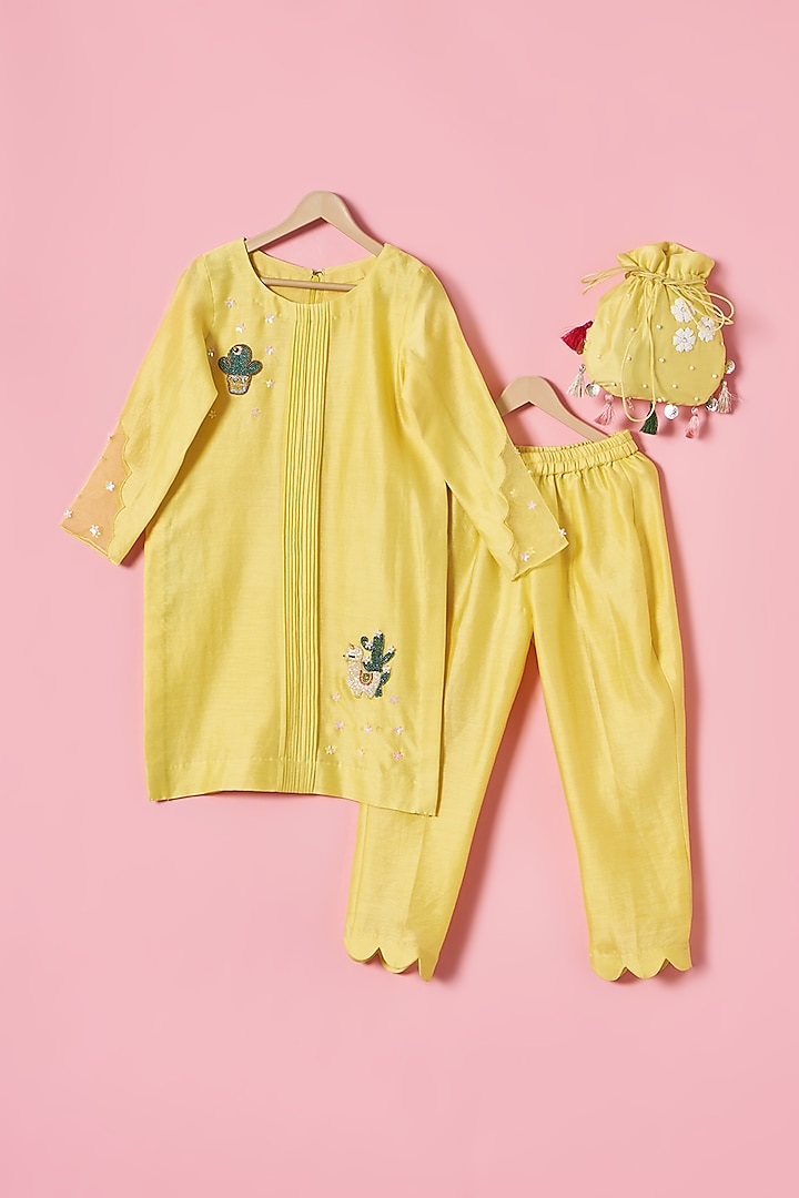 Yellow Chanderi Silk Lama & Cactus Hand Embroidered Kurta Set For Girls by House of Tushaom - Kids