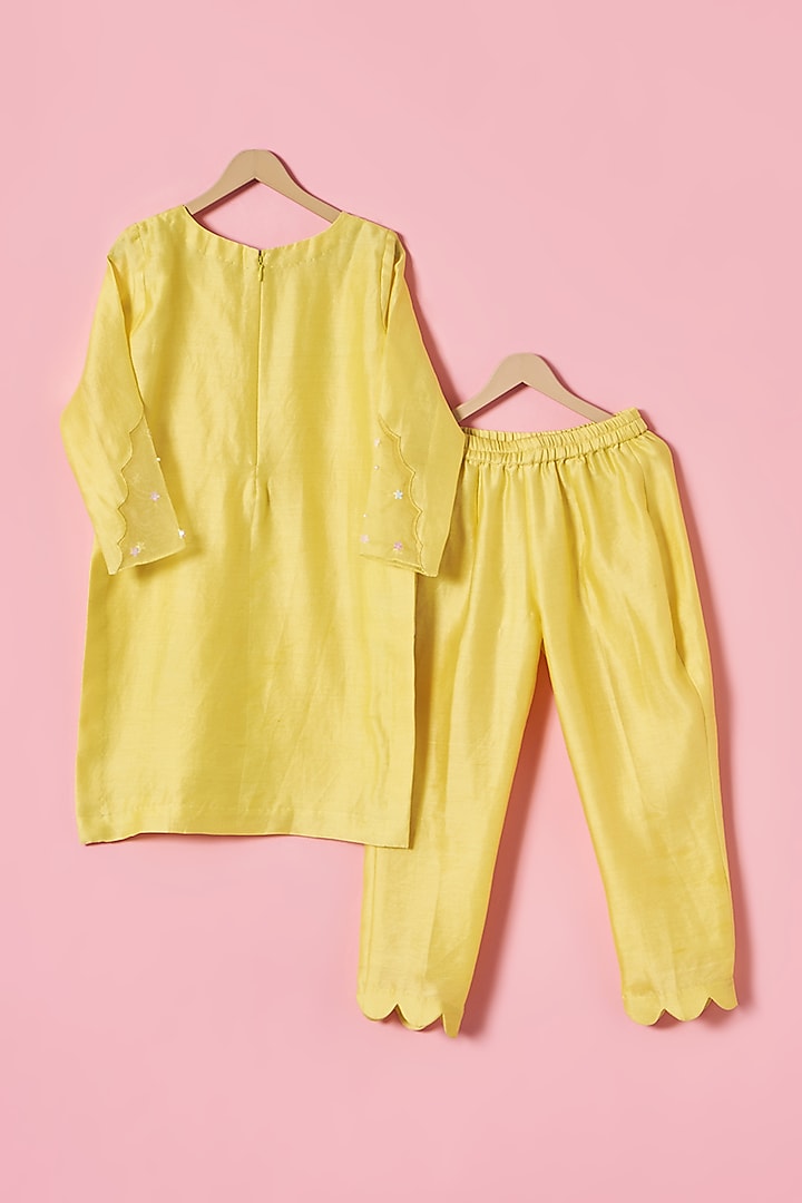 Yellow Chanderi Silk Motif Hand Embroidered Kurta Set For Girls by House of Tushaom - Kids at Pernia's Pop Up Shop