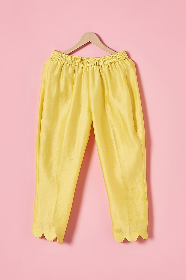 Yellow Chanderi Silk Motif Hand Embroidered Kurta Set For Girls by House of Tushaom - Kids at Pernia's Pop Up Shop
