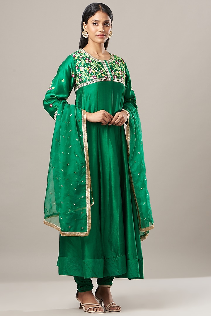 Green Chanderi Silk Anarkali Set by House of Tushaom